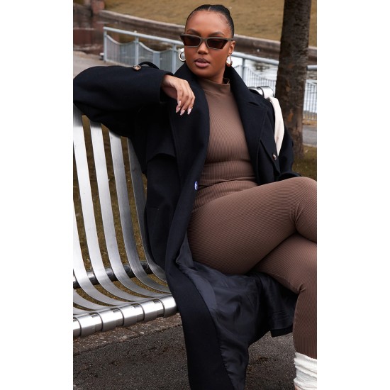 Plus Black Oversized Double Breasted Military Trim Coat Plus Black Oversized Double Breasted Military Trim Coat