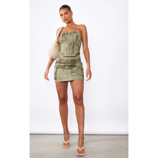 Khaki Washed Twill Cargo Micro Mini Skirt Khaki Washed Twill Cargo Micro Mini Skirt