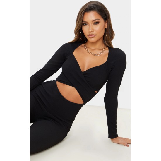 Black Rib Cross Over Long Sleeved Jumpsuit Black Rib Cross Over Long Sleeved Jumpsuit