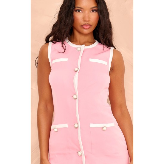 Pink Contrast Detailed Pearl Button Woven Romper Pink Contrast Detailed Pearl Button Woven Romper