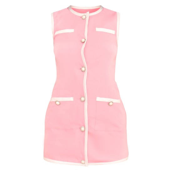 Pink Contrast Detailed Pearl Button Woven Romper Pink Contrast Detailed Pearl Button Woven Romper