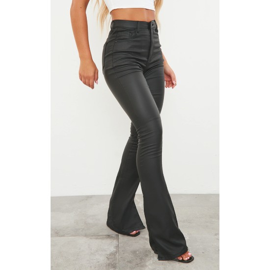 Black Coated Denim Split Hem Flares Black Coated Denim Split Hem Flares
