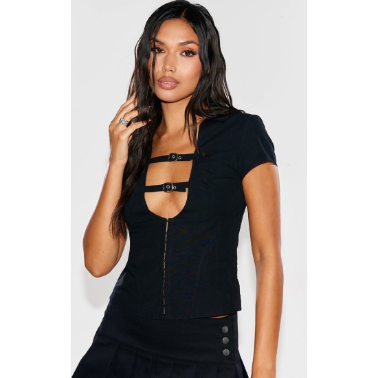 Black Plunge Buckle Detail Corset Shirt Black Plunge Buckle Detail Corset Shirt