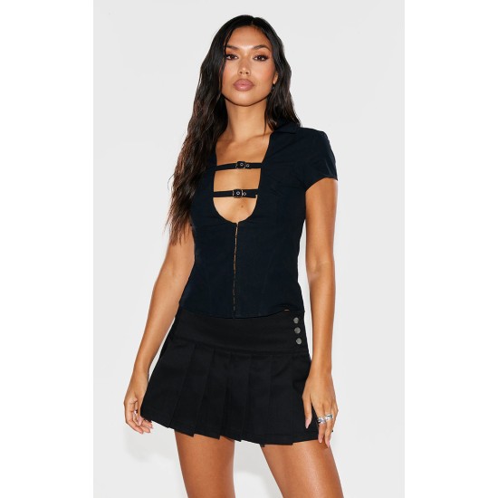 Black Plunge Buckle Detail Corset Shirt Black Plunge Buckle Detail Corset Shirt