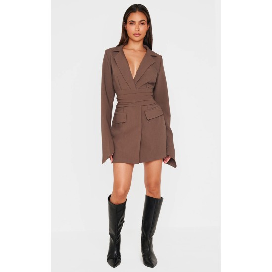 Chocolate Woven Wrap Belted Blazer Dress Chocolate Woven Wrap Belted Blazer Dress