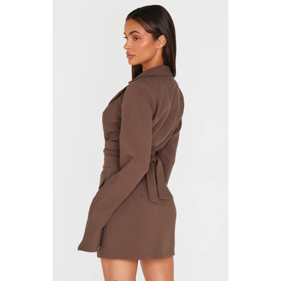 Chocolate Woven Wrap Belted Blazer Dress Chocolate Woven Wrap Belted Blazer Dress