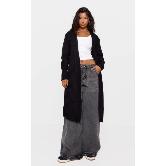Black Ribbed Knitted Midi Cardigan Black Ribbed Knitted Midi Cardigan