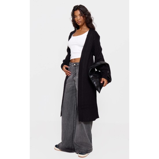 Black Ribbed Knitted Midi Cardigan Black Ribbed Knitted Midi Cardigan