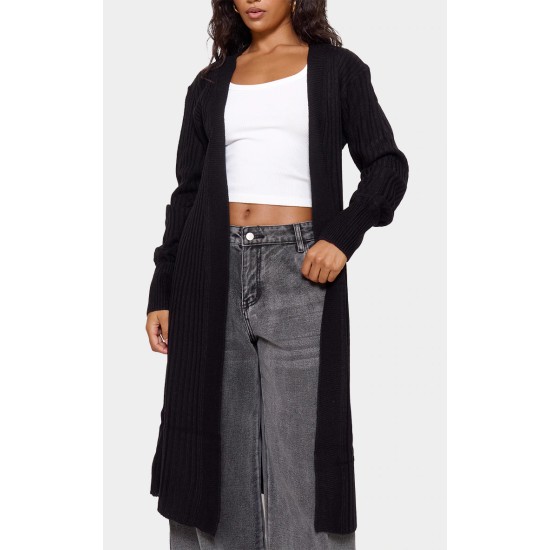 Black Ribbed Knitted Midi Cardigan Black Ribbed Knitted Midi Cardigan