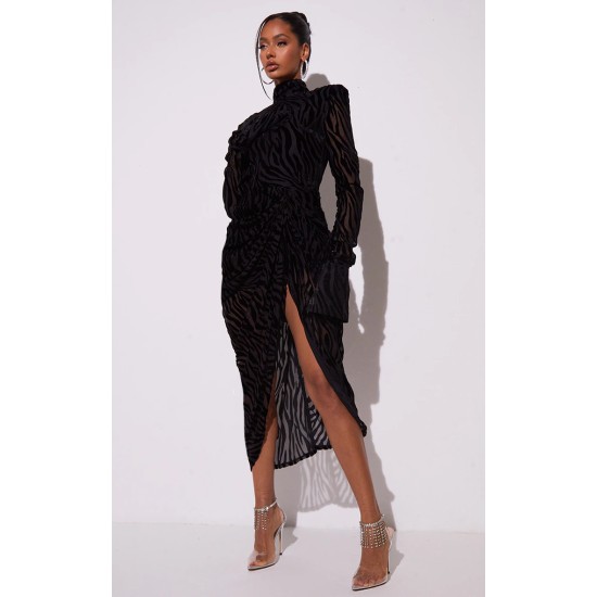 Black Zebra Print Devore High Neck Draped Midi Dress Black Zebra Print Devore High Neck Draped Midi Dress