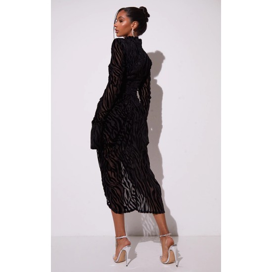 Black Zebra Print Devore High Neck Draped Midi Dress Black Zebra Print Devore High Neck Draped Midi Dress