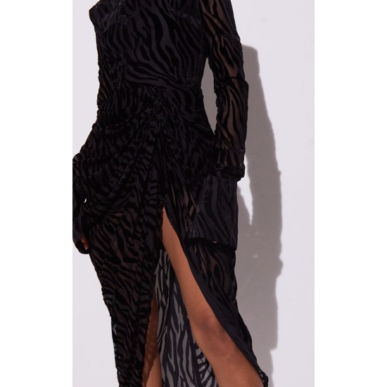 Black Zebra Print Devore High Neck Draped Midi Dress Black Zebra Print Devore High Neck Draped Midi Dress