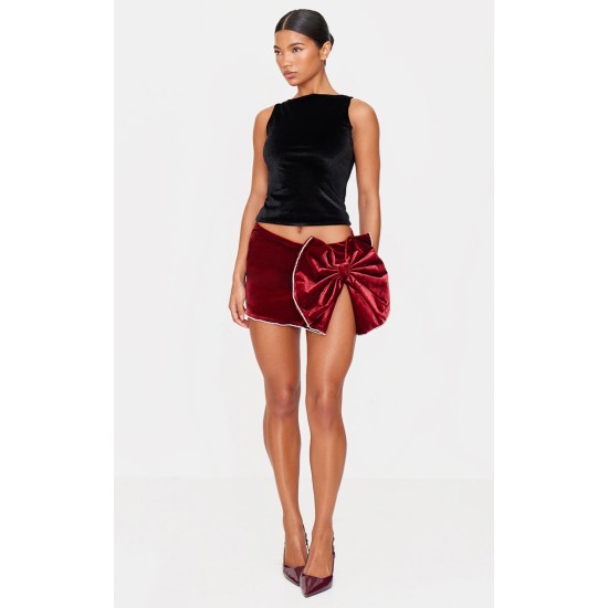 Burgundy Velvet Oversized Bow Diamante Trim Mini Skirt Burgundy Velvet Oversized Bow Diamante Trim Mini Skirt