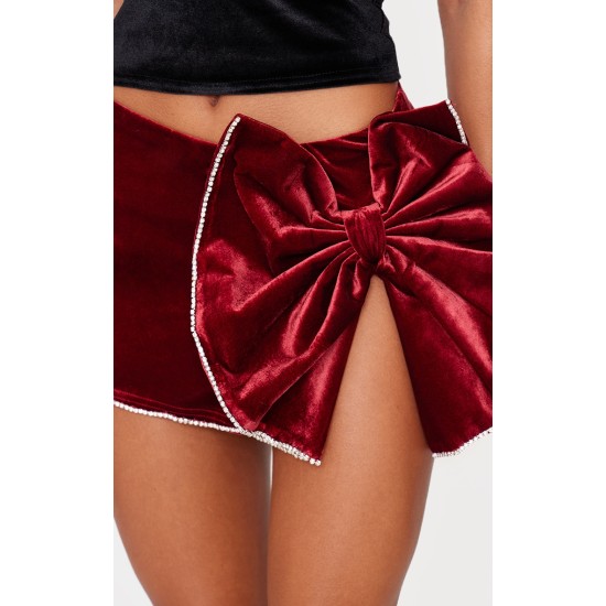 Burgundy Velvet Oversized Bow Diamante Trim Mini Skirt Burgundy Velvet Oversized Bow Diamante Trim Mini Skirt