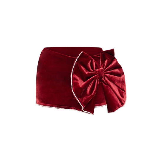 Burgundy Velvet Oversized Bow Diamante Trim Mini Skirt Burgundy Velvet Oversized Bow Diamante Trim Mini Skirt