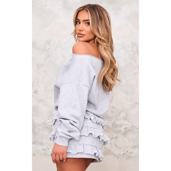 Grey Marl Sweat Bardot Frill Skirt Mini Dress Grey Marl Sweat Bardot Frill Skirt Mini Dress