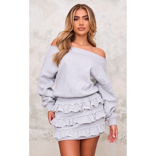 Grey Marl Sweat Bardot Frill Skirt Mini Dress Grey Marl Sweat Bardot Frill Skirt Mini Dress