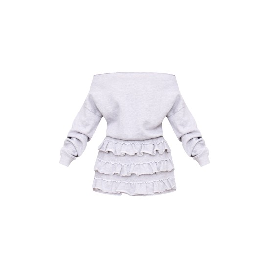 Grey Marl Sweat Bardot Frill Skirt Mini Dress Grey Marl Sweat Bardot Frill Skirt Mini Dress