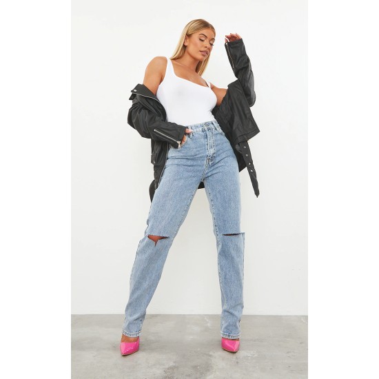 Vintage Light Blue Wash Slash Knee Long Leg Straight Leg Jeans Vintage Light Blue Wash Slash Knee Long Leg Straight Leg Jeans