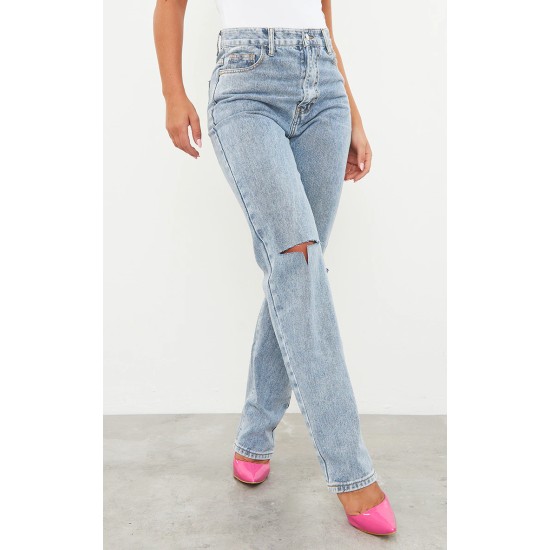 Vintage Light Blue Wash Slash Knee Long Leg Straight Leg Jeans Vintage Light Blue Wash Slash Knee Long Leg Straight Leg Jeans