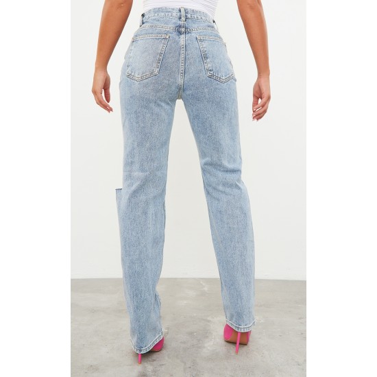 Vintage Light Blue Wash Slash Knee Long Leg Straight Leg Jeans Vintage Light Blue Wash Slash Knee Long Leg Straight Leg Jeans