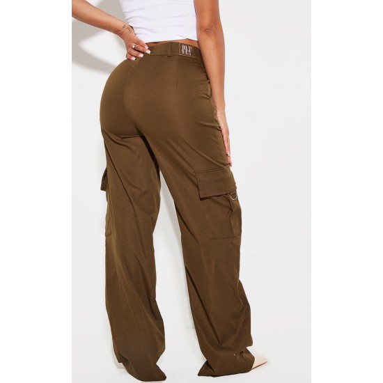 PRETTYLITTLETHING Shape Dark Khaki Green Buckle Detail Cargo Wide Leg Pants PRETTYLITTLETHING Shape Dark Khaki Green Buckle Detail Cargo Wide Leg Pants