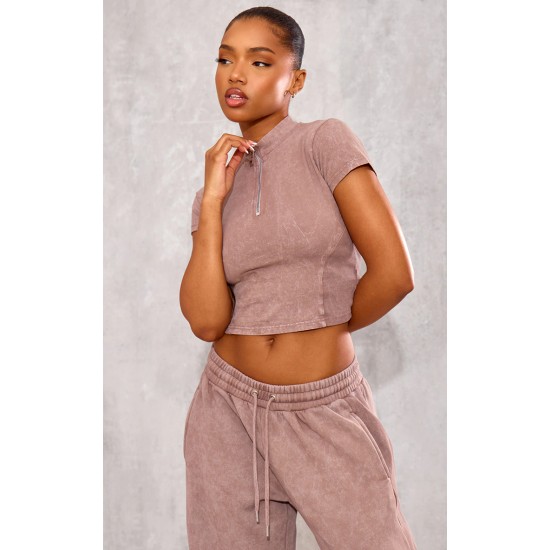 Taupe Washed Zip Up Rib Panel Top Taupe Washed Zip Up Rib Panel Top