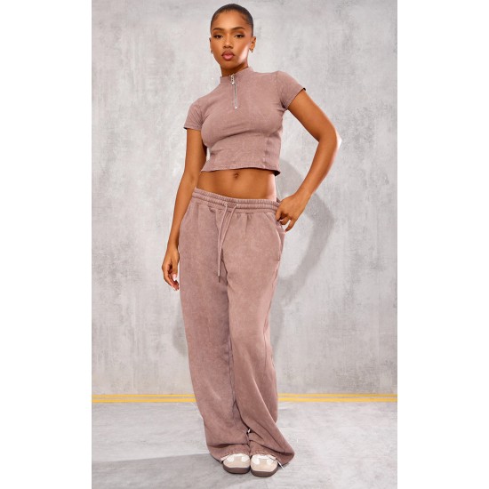 Taupe Washed Zip Up Rib Panel Top Taupe Washed Zip Up Rib Panel Top