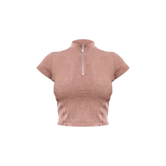 Taupe Washed Zip Up Rib Panel Top Taupe Washed Zip Up Rib Panel Top