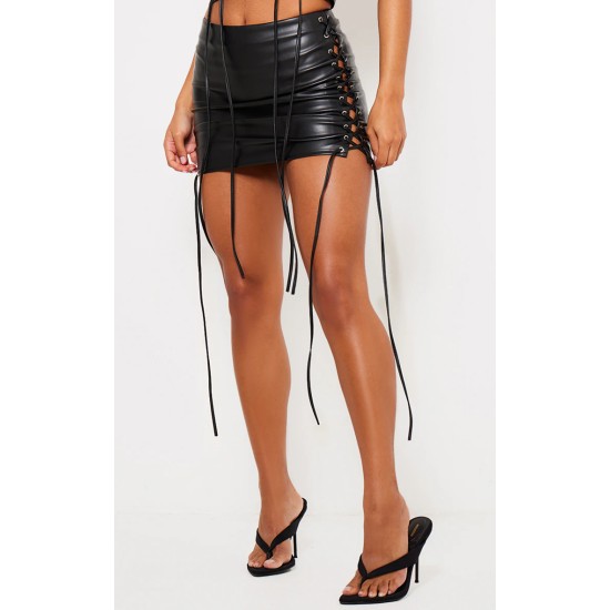 Premium Black Faux Leather Lace Front Micro Mini Skirt Premium Black Faux Leather Lace Front Micro Mini Skirt