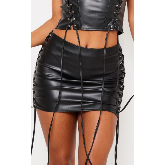 Premium Black Faux Leather Lace Front Micro Mini Skirt Premium Black Faux Leather Lace Front Micro Mini Skirt