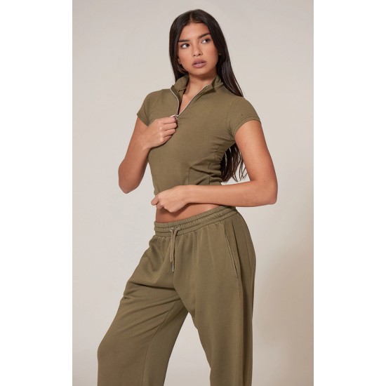 Olive Washed Zip Up Rib Panel Top Olive Washed Zip Up Rib Panel Top