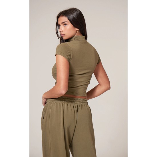 Olive Washed Zip Up Rib Panel Top Olive Washed Zip Up Rib Panel Top