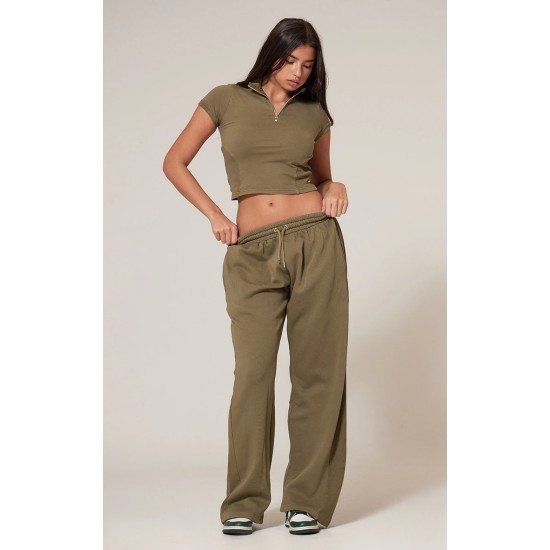 Olive Washed Zip Up Rib Panel Top Olive Washed Zip Up Rib Panel Top