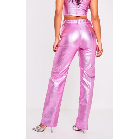 Pink Metallic Denim Stitch Detail Straight Leg Jeans Pink Metallic Denim Stitch Detail Straight Leg Jeans