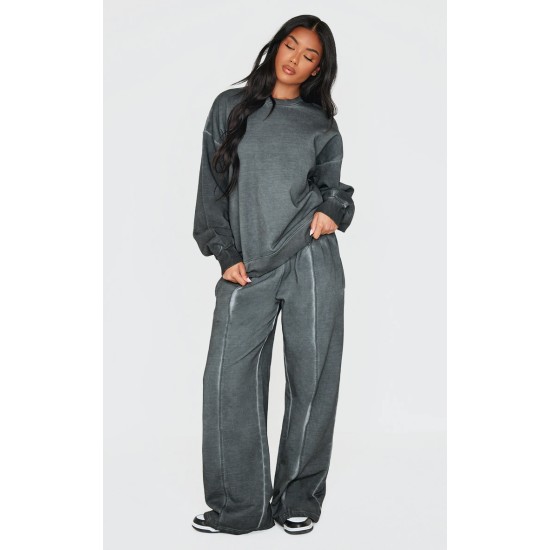 PRETTYLITTLETHING Washed Charcoal Premium Waist Wide Leg Sweatpants PRETTYLITTLETHING Washed Charcoal Premium Waist Wide Leg Sweatpants