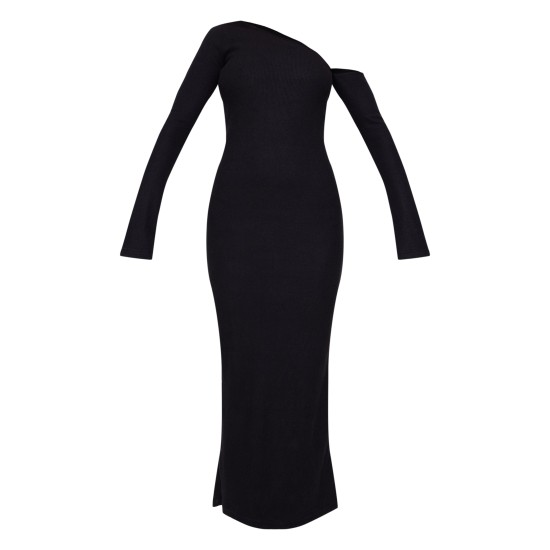 Black Heavy Brushed Asymmetric Ruched Maxi Dress Black Heavy Brushed Asymmetric Ruched Maxi Dress