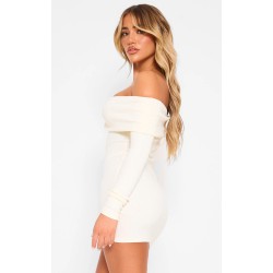 Cream Rib Foldover Bardot Bodycon Dress