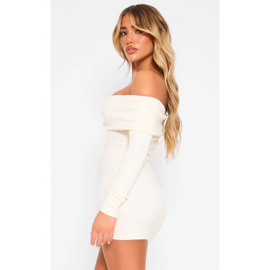 Cream Rib Foldover Bardot Bodycon Dress Cream Rib Foldover Bardot Bodycon Dress