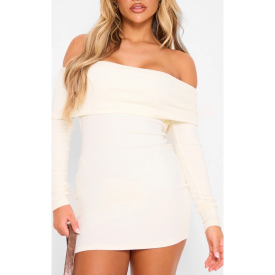 Cream Rib Foldover Bardot Bodycon Dress Cream Rib Foldover Bardot Bodycon Dress