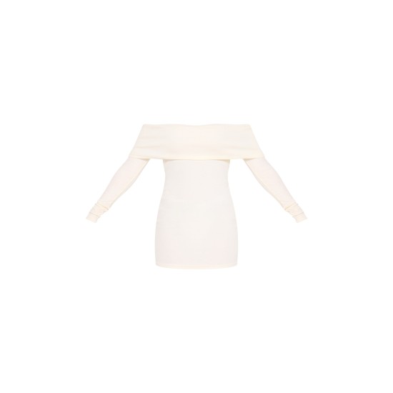 Cream Rib Foldover Bardot Bodycon Dress Cream Rib Foldover Bardot Bodycon Dress