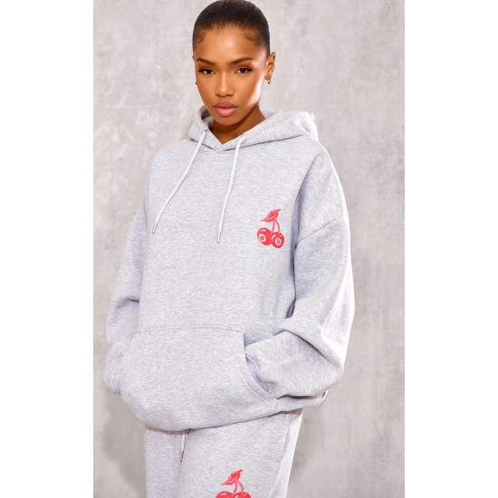 Grey Marl Cherry Print Oversized Hoodie Grey Marl Cherry Print Oversized Hoodie