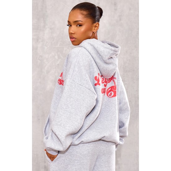 Grey Marl Cherry Print Oversized Hoodie Grey Marl Cherry Print Oversized Hoodie