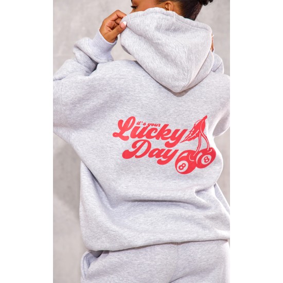 Grey Marl Cherry Print Oversized Hoodie Grey Marl Cherry Print Oversized Hoodie
