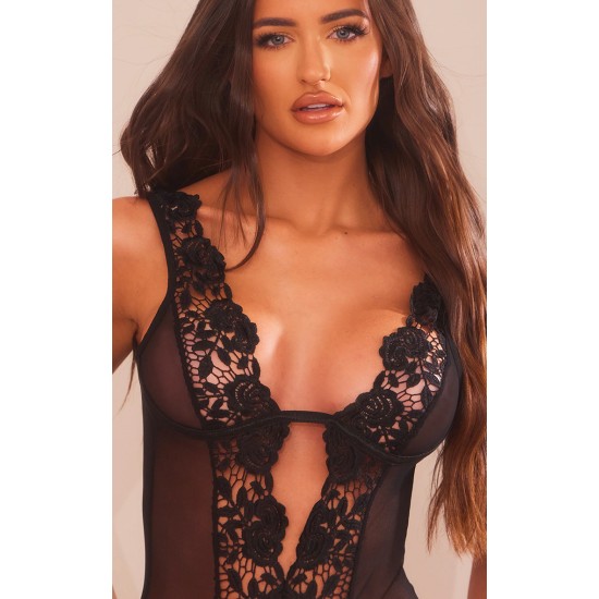 Black Mesh Deep Plunge Crochet Lace Bodysuit Black Mesh Deep Plunge Crochet Lace Bodysuit