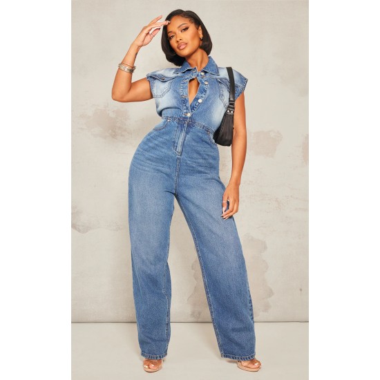 Shape Light Blue Sleeveless Rigid Denim Jumpsuit Shape Light Blue Sleeveless Rigid Denim Jumpsuit