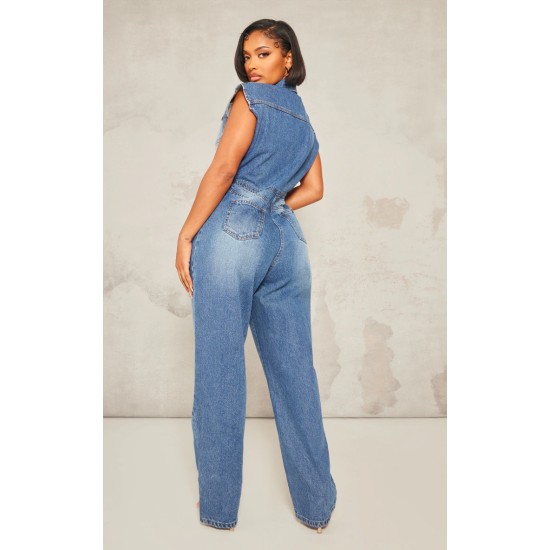 Shape Light Blue Sleeveless Rigid Denim Jumpsuit Shape Light Blue Sleeveless Rigid Denim Jumpsuit
