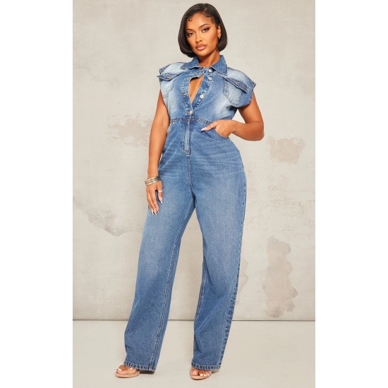 Shape Light Blue Sleeveless Rigid Denim Jumpsuit Shape Light Blue Sleeveless Rigid Denim Jumpsuit