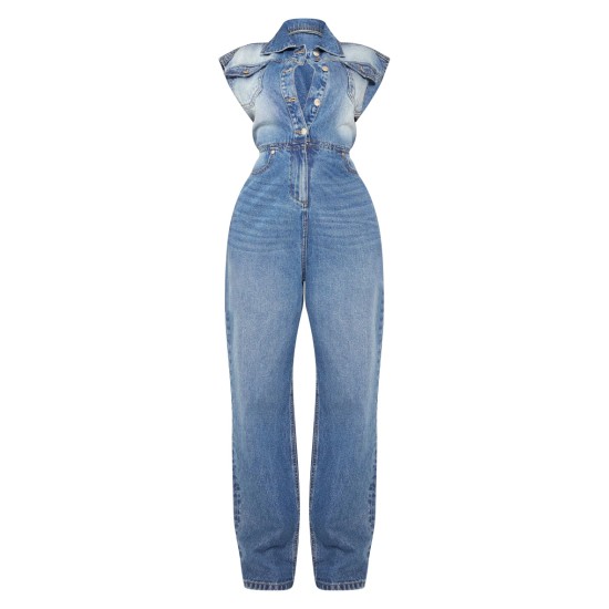 Shape Light Blue Sleeveless Rigid Denim Jumpsuit Shape Light Blue Sleeveless Rigid Denim Jumpsuit