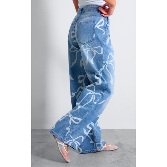 Light Blue Ribbon Detail Laser Print Jeans Light Blue Ribbon Detail Laser Print Jeans